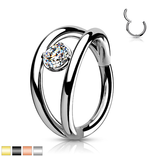 1pc Double Hoop CZ Gem Hinged Segment Ring 16g Septum Clicker Surgical Steel