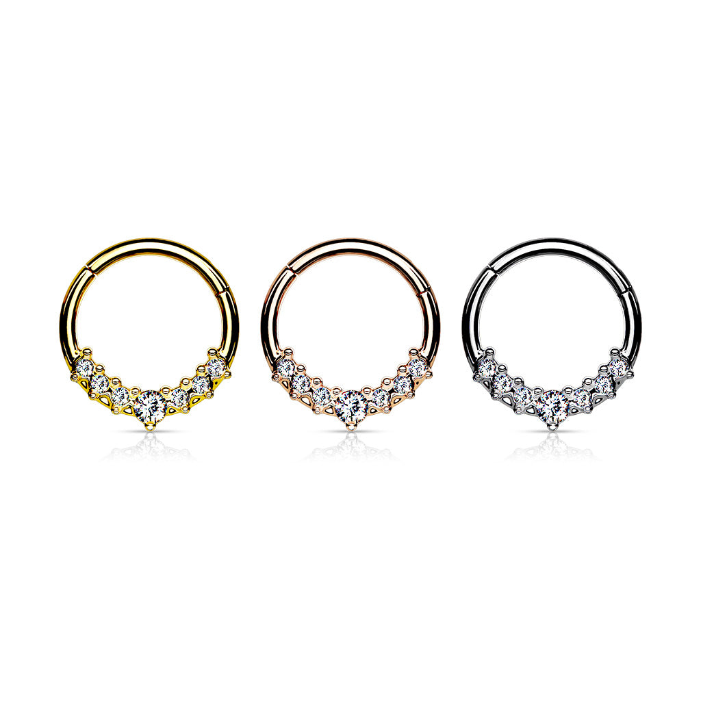 1pc Lined CZ Gem Fan Hinged Segment Ring 16g Septum Clicker Surgical Steel