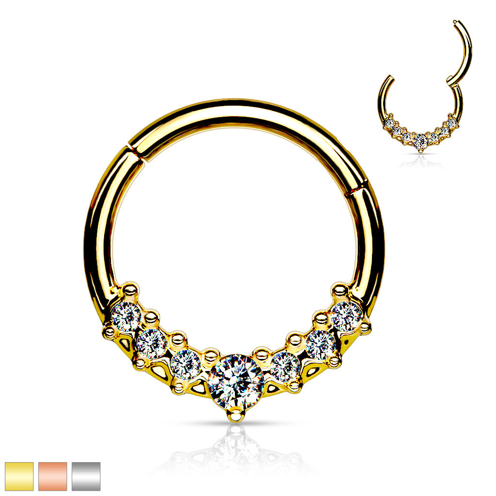1pc Lined CZ Gem Fan Hinged Segment Ring 16g Septum Clicker Surgical Steel