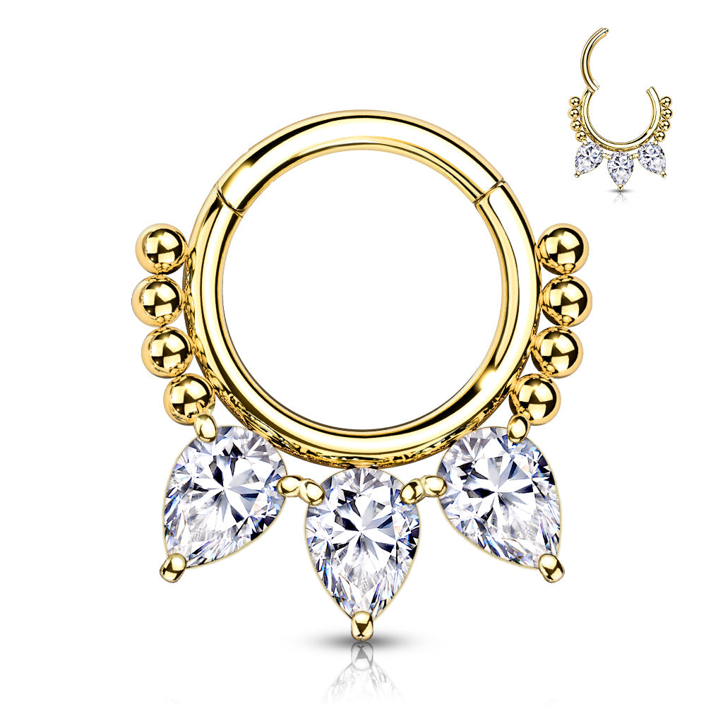 1pc Pear CZ Gems & Beads Hinged Segment Ring 16g Septum Clicker Helix Cartilage