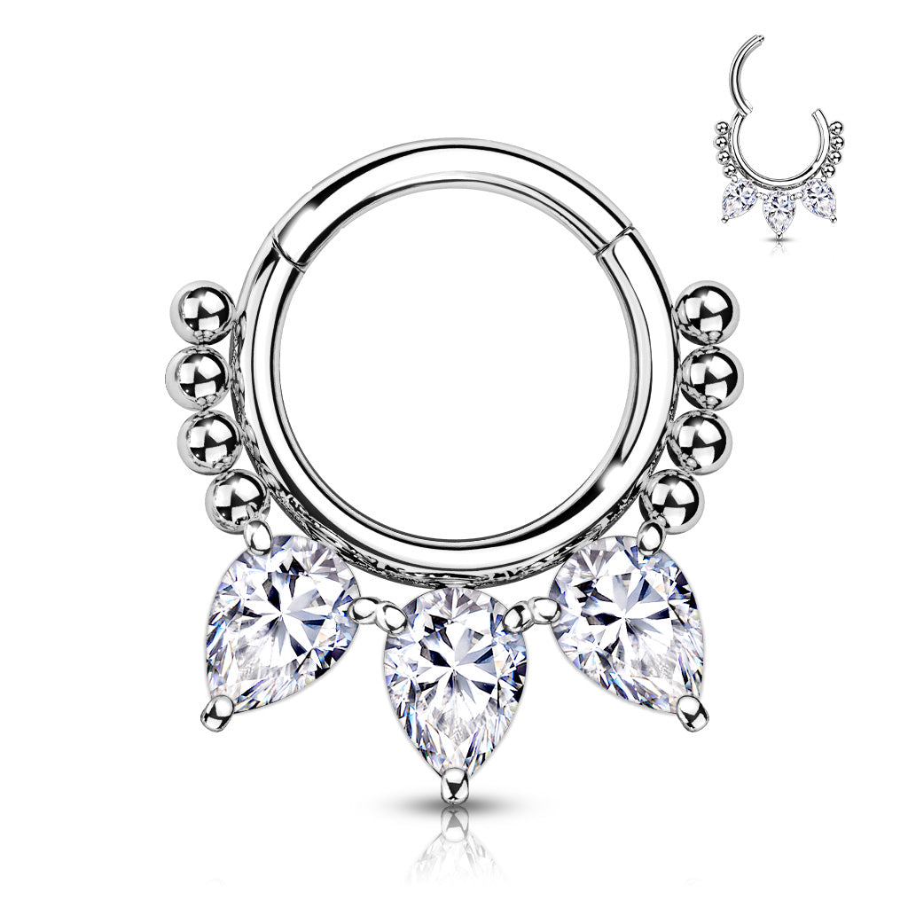 1pc Pear CZ Gems & Beads Hinged Segment Ring 16g Septum Clicker Helix Cartilage