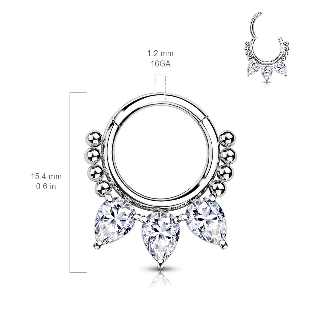 1pc Pear CZ Gems & Beads Hinged Segment Ring 16g Septum Clicker Helix Cartilage