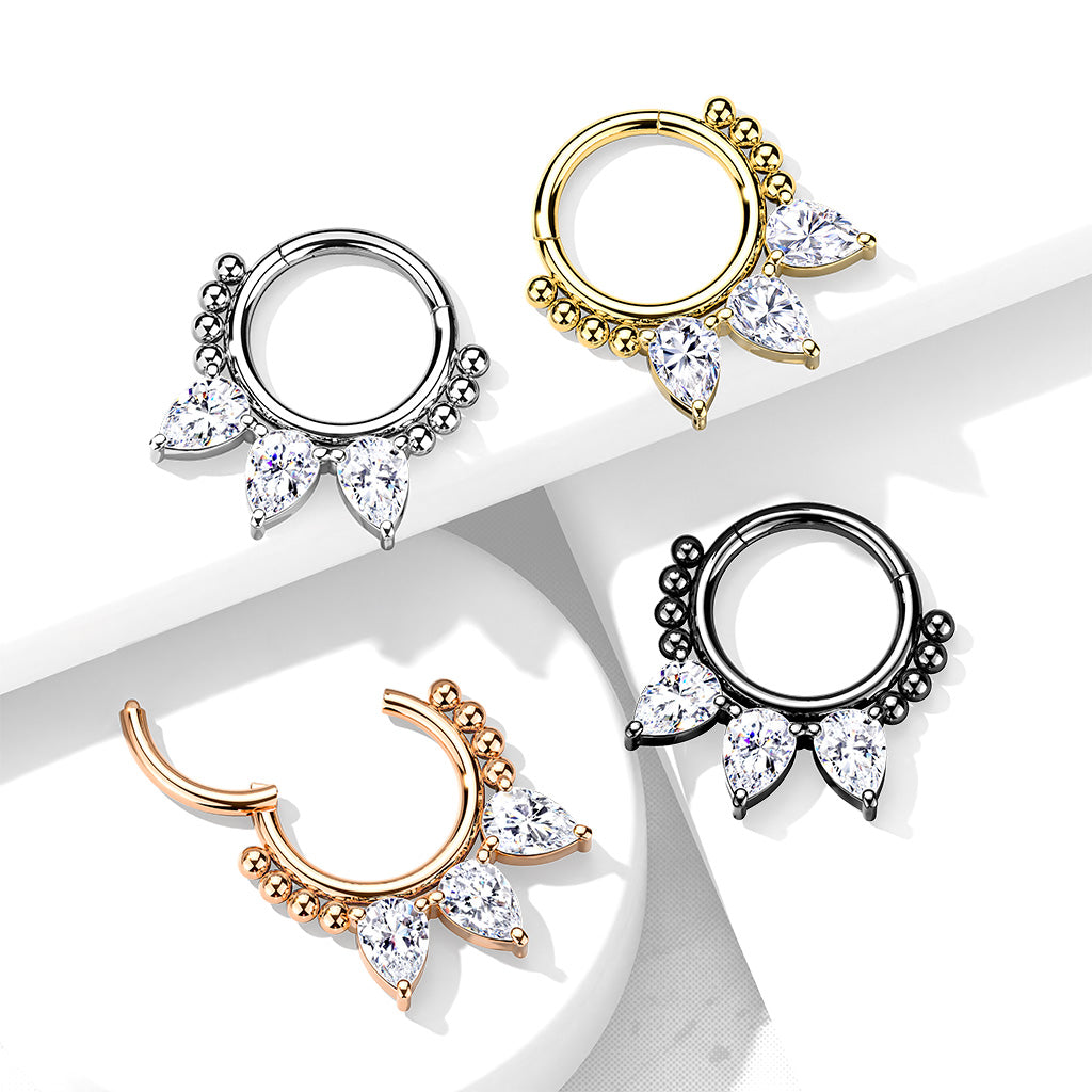 1pc Pear CZ Gems & Beads Hinged Segment Ring 16g Septum Clicker Helix Cartilage