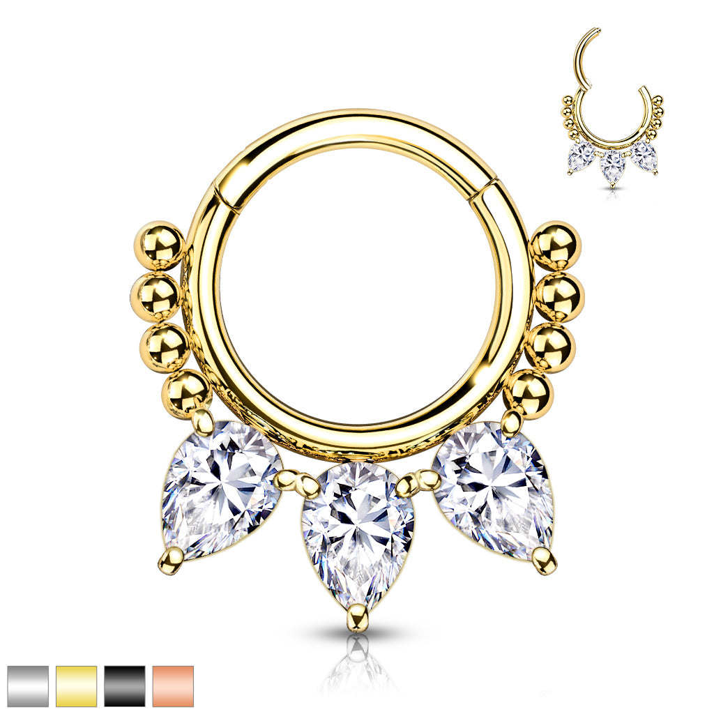 1pc Pear CZ Gems & Beads Hinged Segment Ring 16g Septum Clicker Helix Cartilage