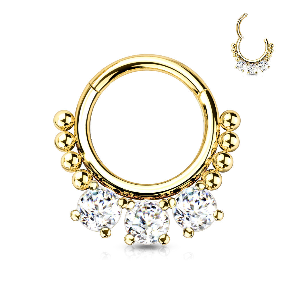 1pc Triple CZ Gem & Beads Hinged Segment Ring 16g Septum Clicker Helix Cartilage