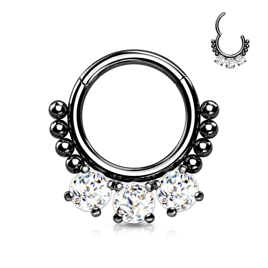 1pc Triple CZ Gem & Beads Hinged Segment Ring 16g Septum Clicker Helix Cartilage