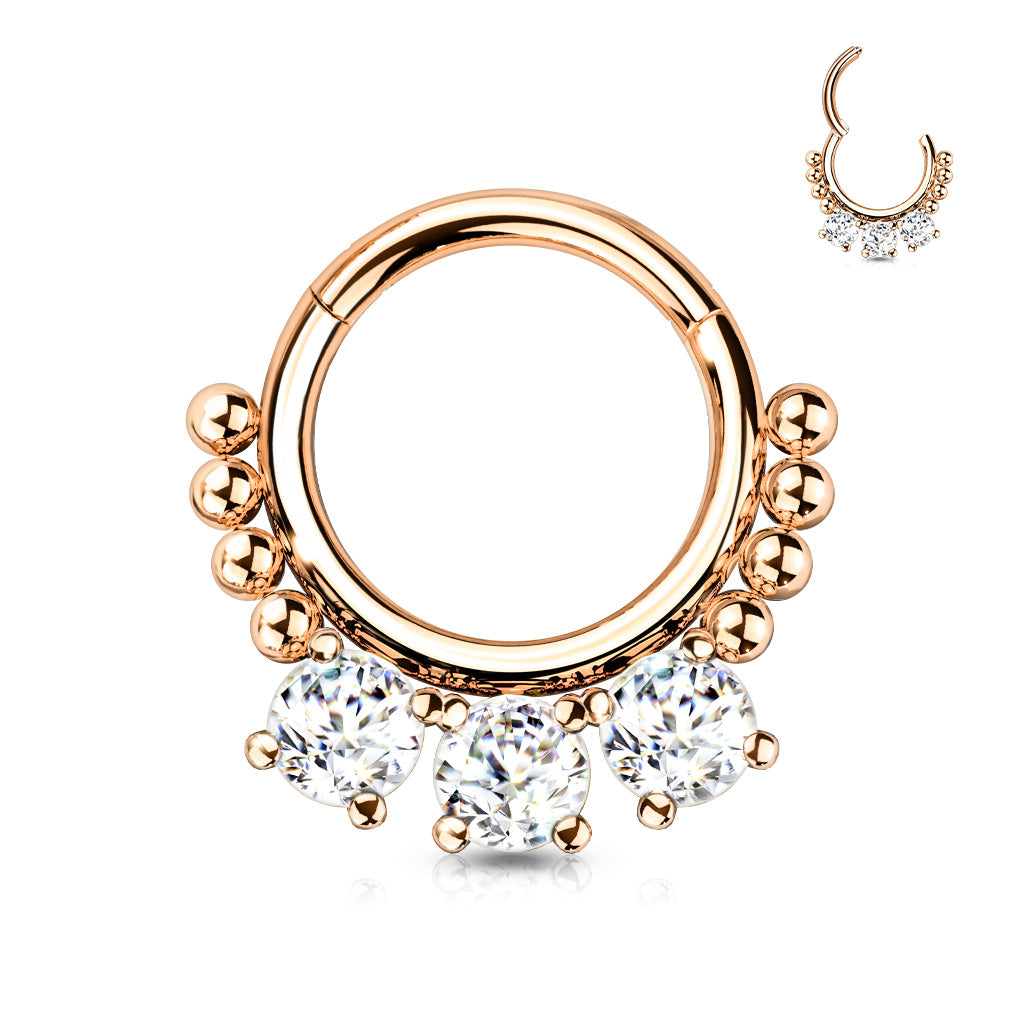 1pc Triple CZ Gem & Beads Hinged Segment Ring 16g Septum Clicker Helix Cartilage