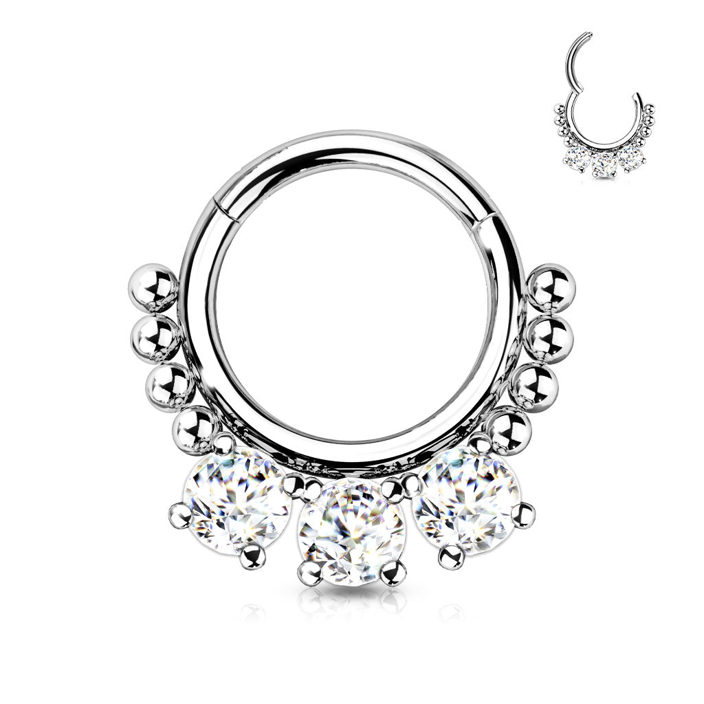 1pc Triple CZ Gem & Beads Hinged Segment Ring 16g Septum Clicker Helix Cartilage