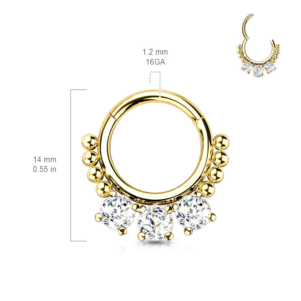1pc Triple CZ Gem & Beads Hinged Segment Ring 16g Septum Clicker Helix Cartilage