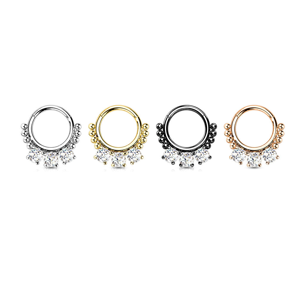 1pc Triple CZ Gem & Beads Hinged Segment Ring 16g Septum Clicker Helix Cartilage