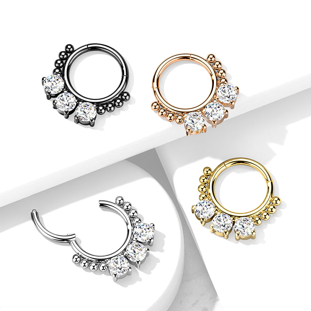 1pc Triple CZ Gem & Beads Hinged Segment Ring 16g Septum Clicker Helix Cartilage