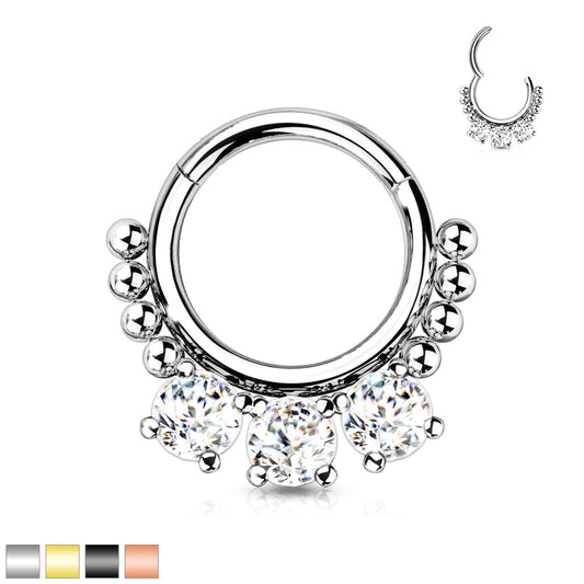 1pc Triple CZ Gem & Beads Hinged Segment Ring 16g Septum Clicker Helix Cartilage