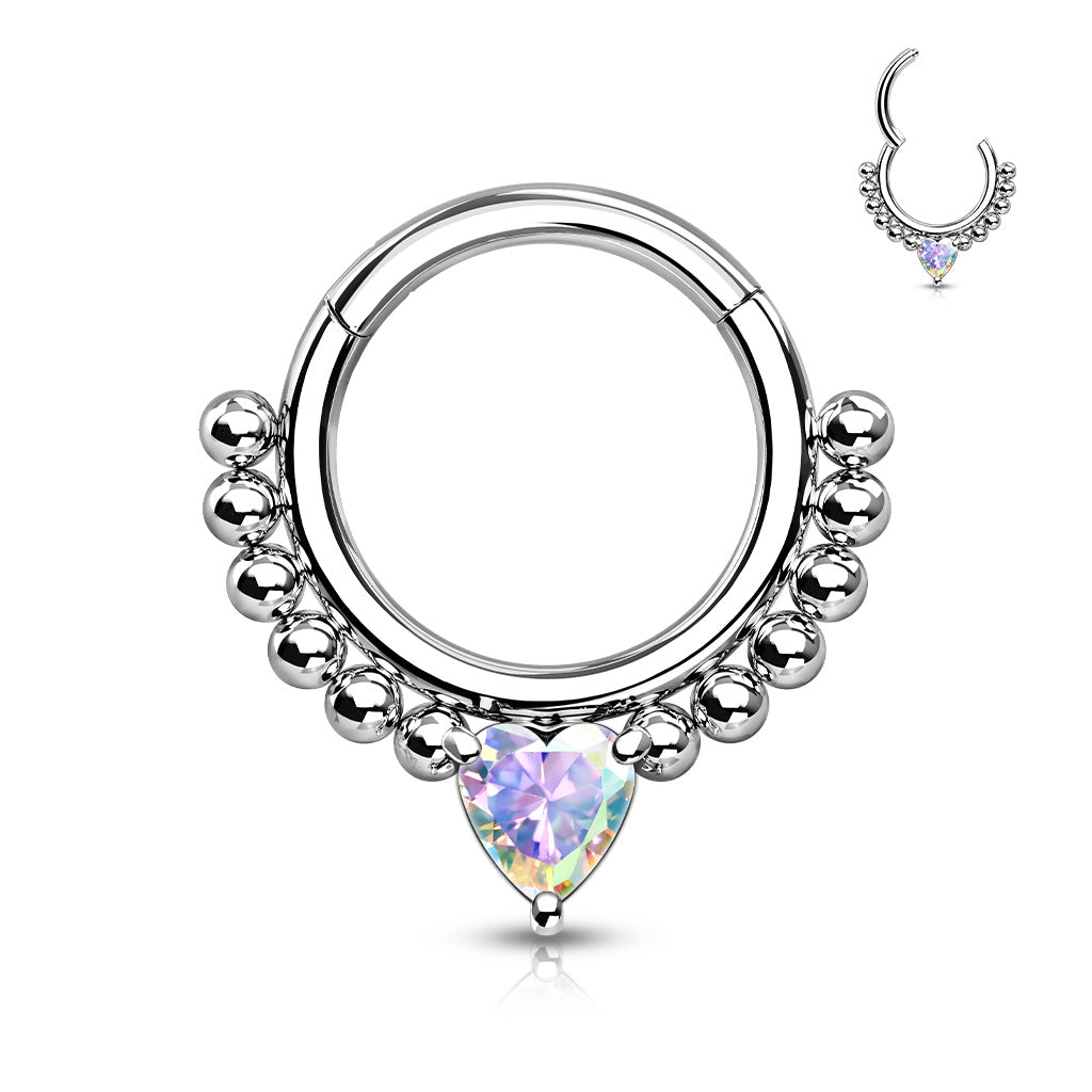 1pc Heart CZ Gem & Beads Hinged Segment Ring 16g Septum Clicker Helix Cartilage