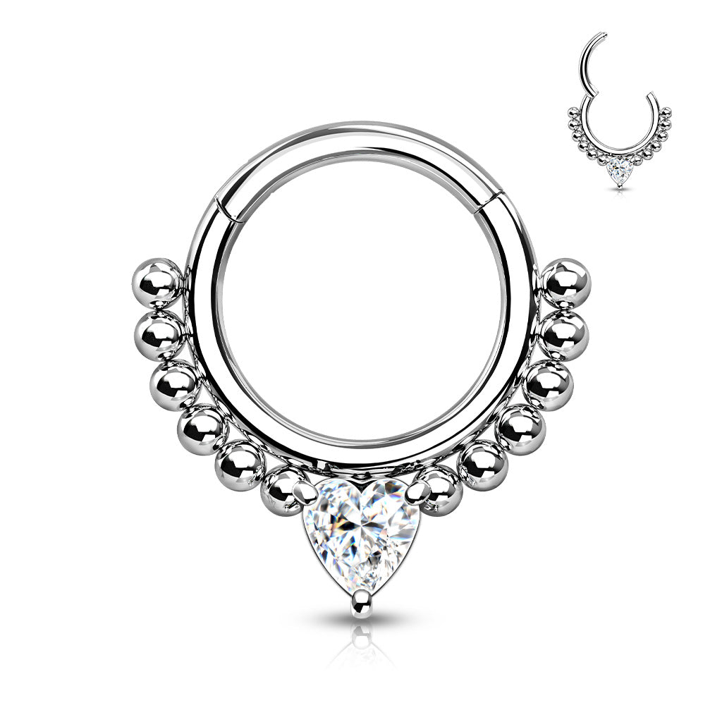 1pc Heart CZ Gem & Beads Hinged Segment Ring 16g Septum Clicker Helix Cartilage