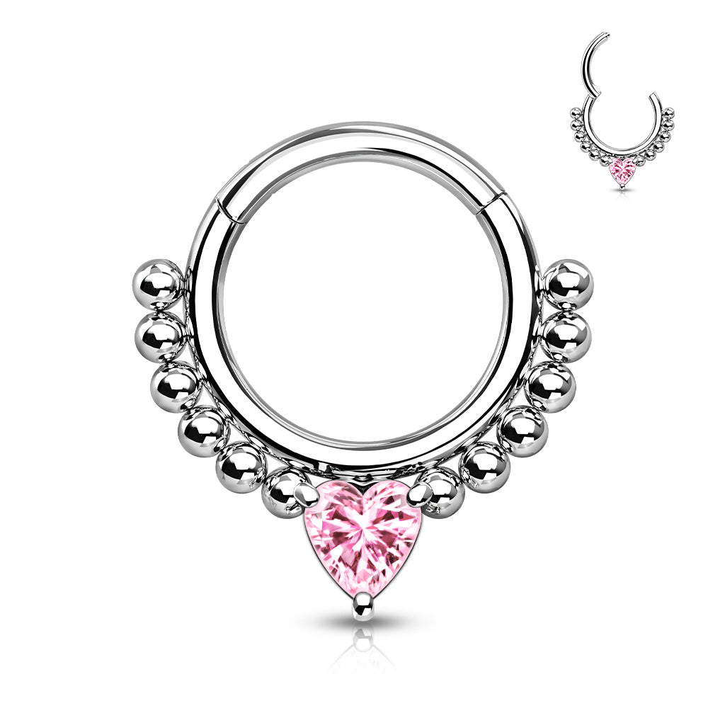 1pc Heart CZ Gem & Beads Hinged Segment Ring 16g Septum Clicker Helix Cartilage