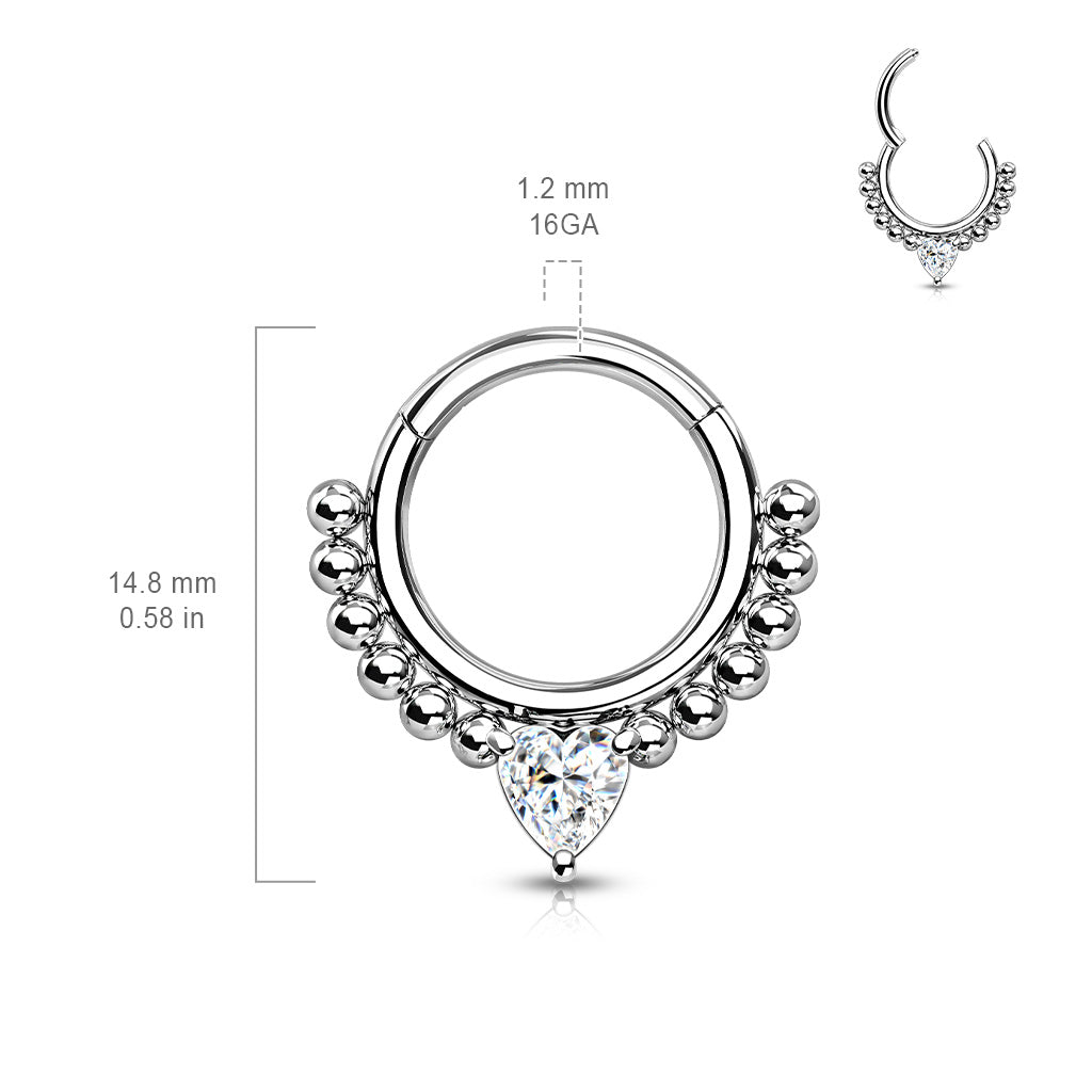 1pc Heart CZ Gem & Beads Hinged Segment Ring 16g Septum Clicker Helix Cartilage