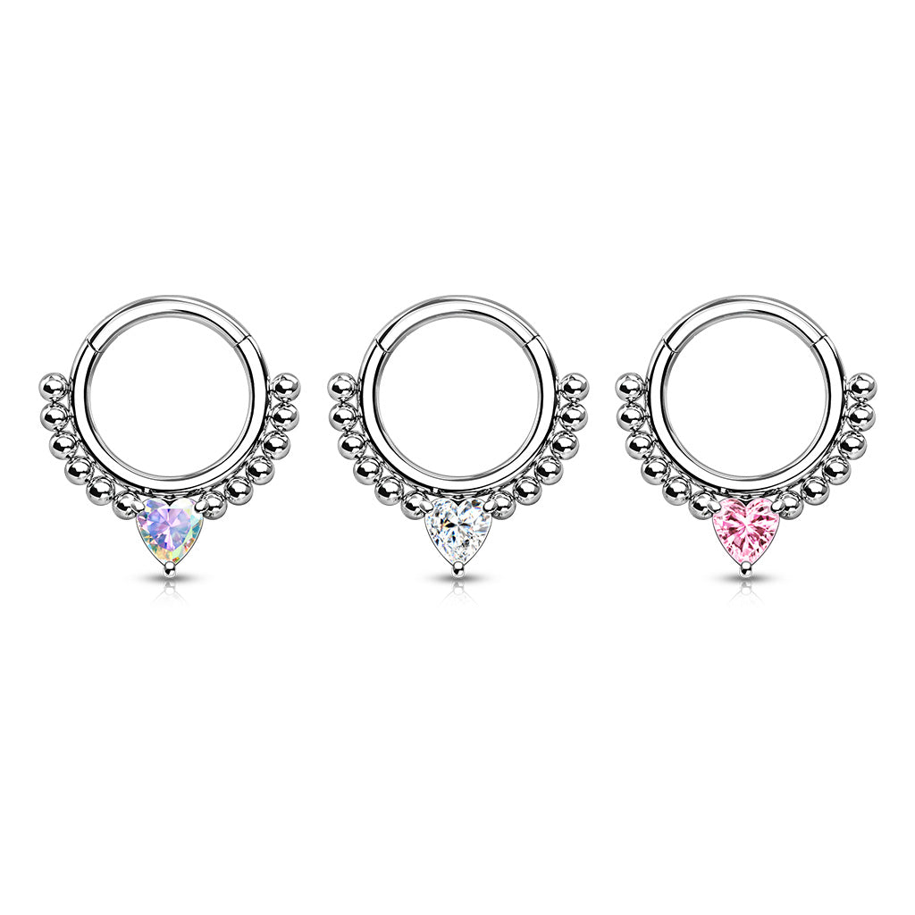 1pc Heart CZ Gem & Beads Hinged Segment Ring 16g Septum Clicker Helix Cartilage