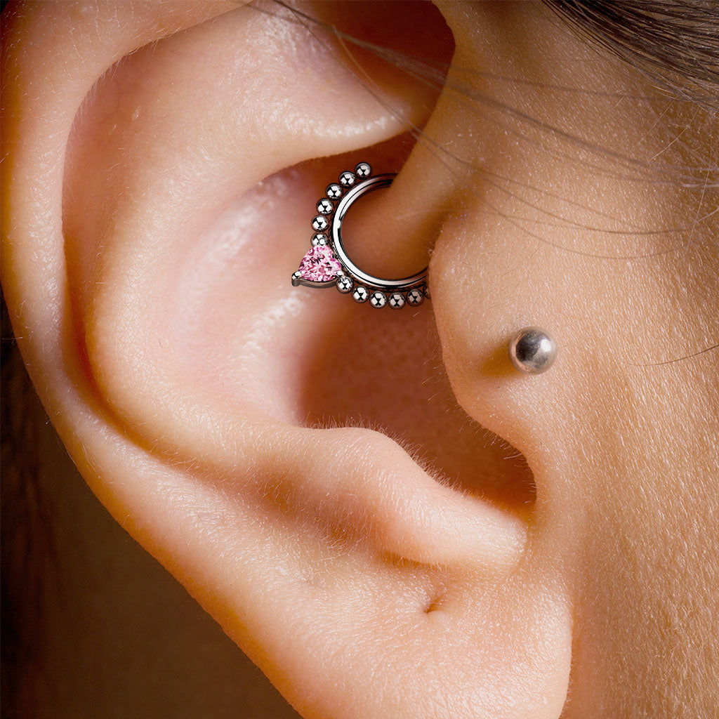 1pc Heart CZ Gem & Beads Hinged Segment Ring 16g Septum Clicker Helix Cartilage