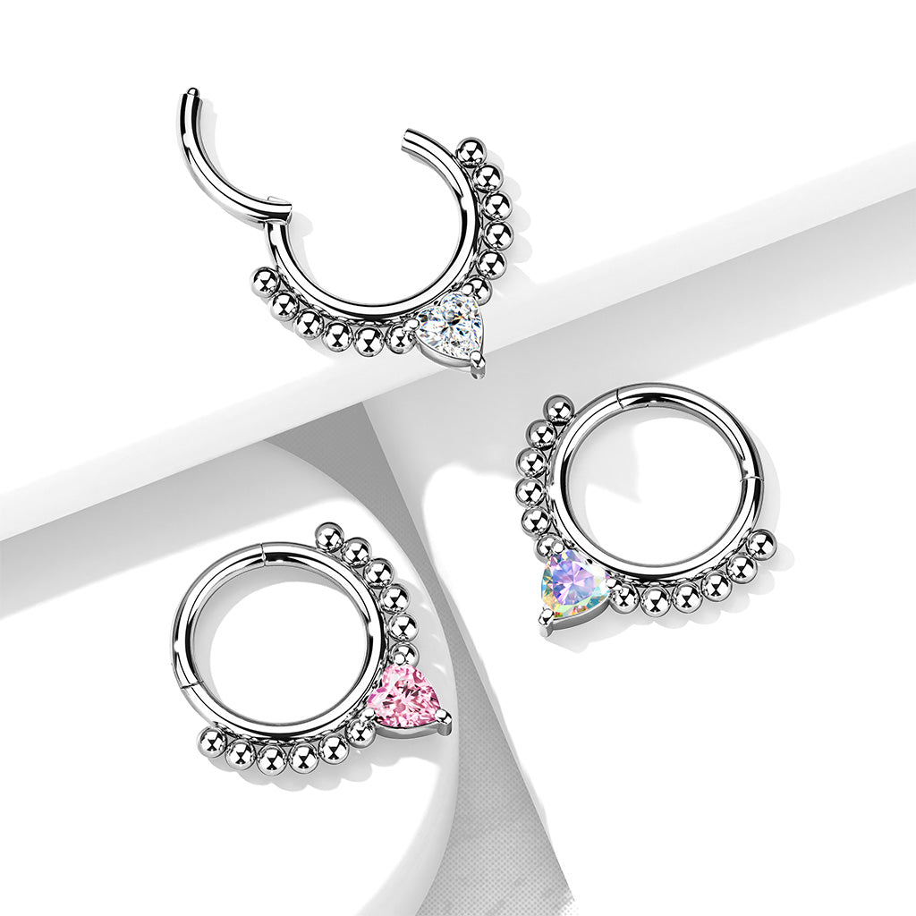 1pc Heart CZ Gem & Beads Hinged Segment Ring 16g Septum Clicker Helix Cartilage