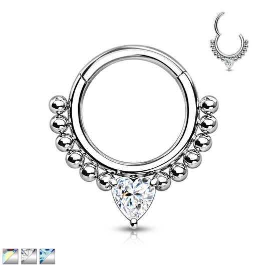 1pc Heart CZ Gem & Beads Hinged Segment Ring 16g Septum Clicker Helix Cartilage