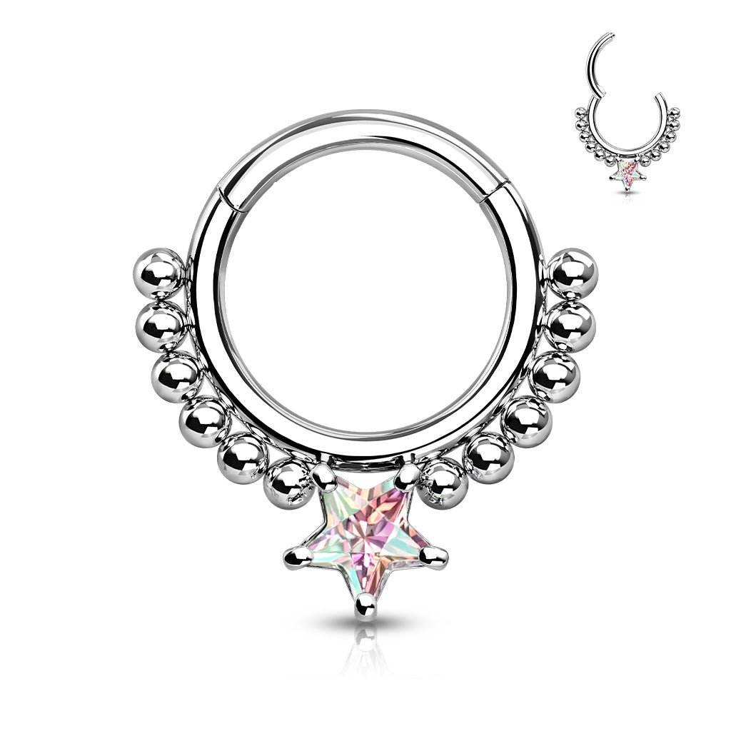 1pc Star CZ Gem & Beads Hinged Segment Ring 16g Septum Clicker Helix Cartilage