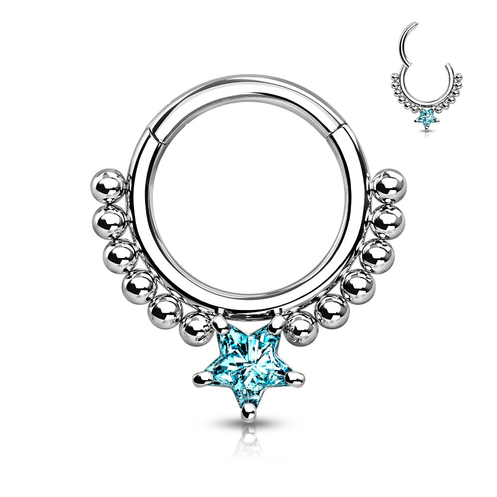 1pc Star CZ Gem & Beads Hinged Segment Ring 16g Septum Clicker Helix Cartilage