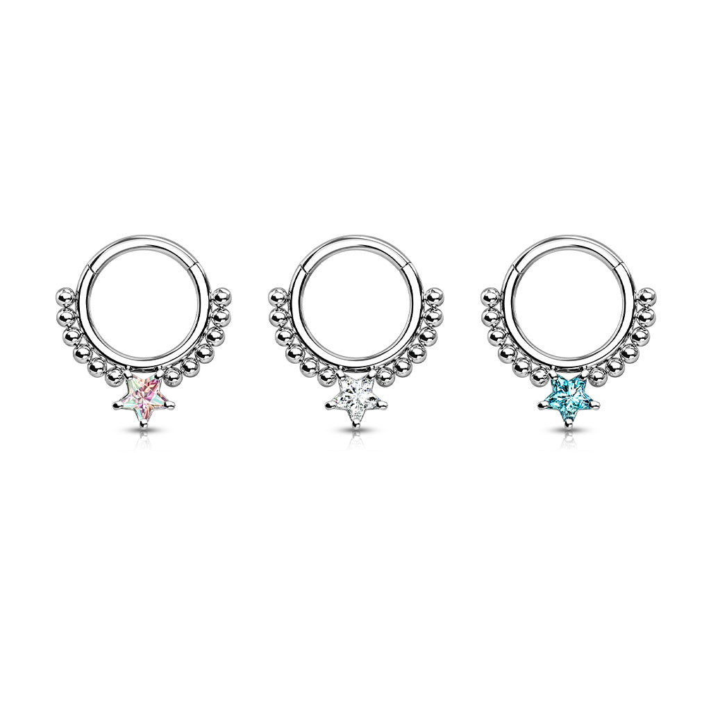 1pc Star CZ Gem & Beads Hinged Segment Ring 16g Septum Clicker Helix Cartilage