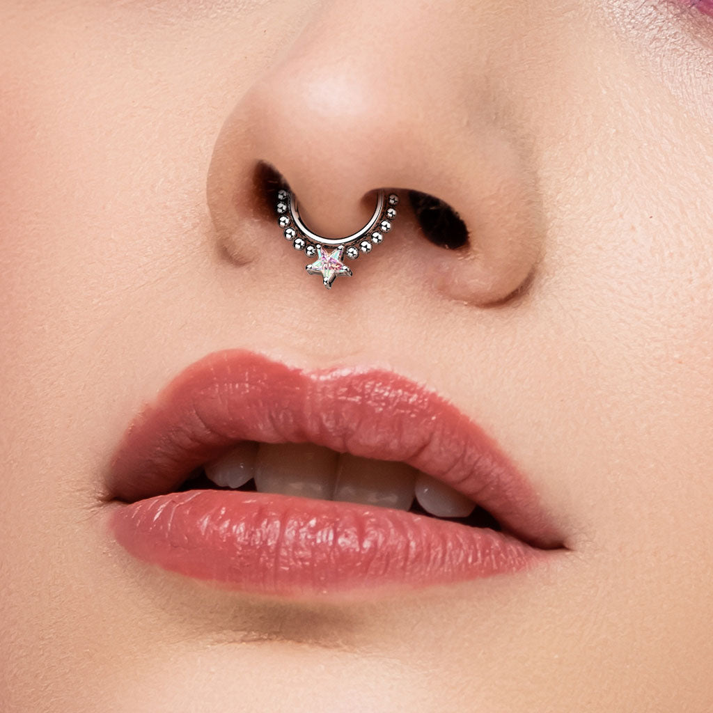 1pc Star CZ Gem & Beads Hinged Segment Ring 16g Septum Clicker Helix Cartilage