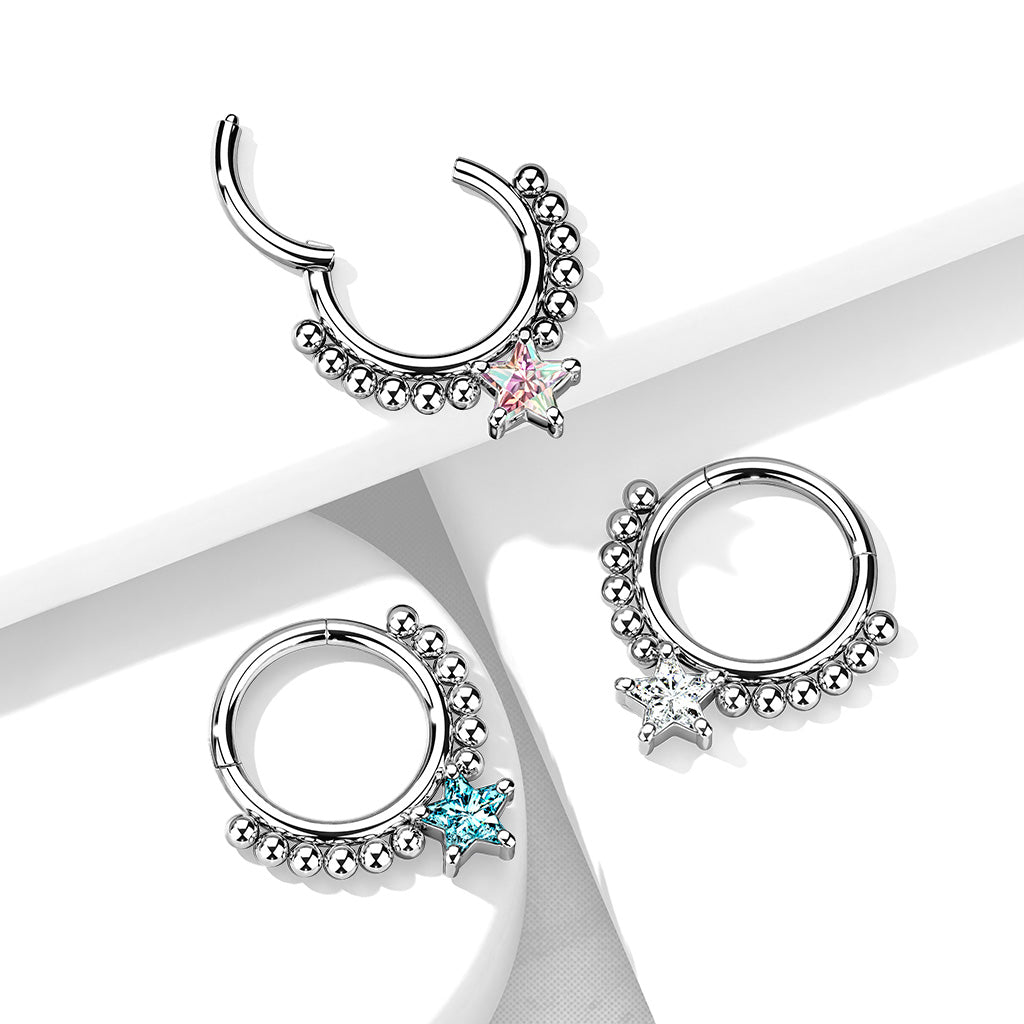 1pc Star CZ Gem & Beads Hinged Segment Ring 16g Septum Clicker Helix Cartilage