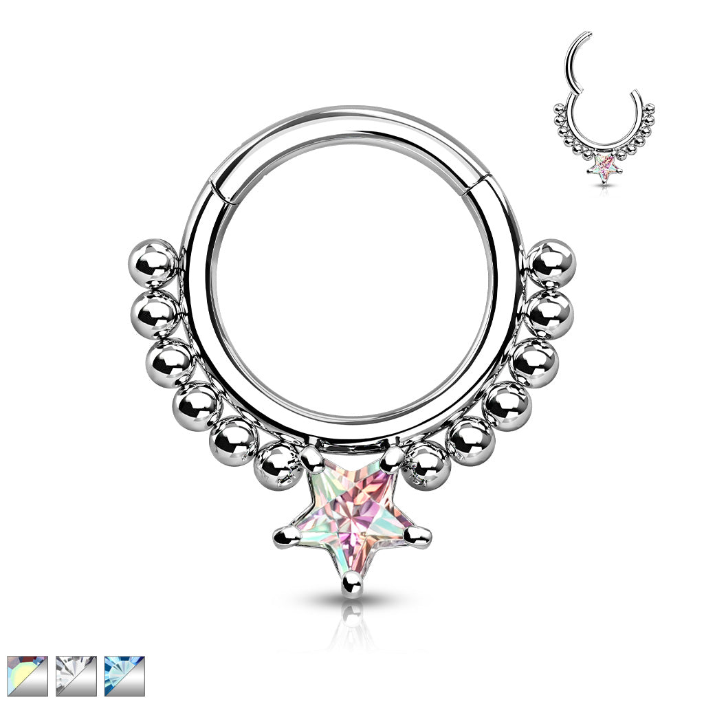 1pc Star CZ Gem & Beads Hinged Segment Ring 16g Septum Clicker Helix Cartilage