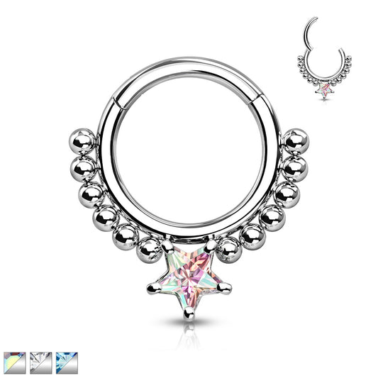 1pc Star CZ Gem & Beads Hinged Segment Ring 16g Septum Clicker Helix Cartilage