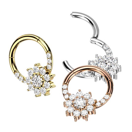 1pc CZ Gem Flower Hinged Segment Ring 16g Septum Clicker 316L Surgical Steel