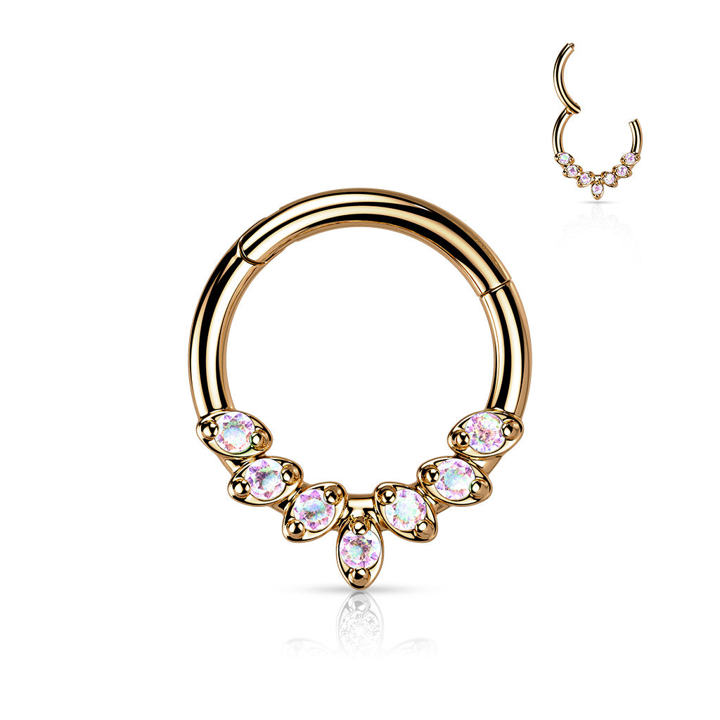1pc Seven Gem Leaves Hinged Segment Ring 16g Septum Clicker 316L Surgical Steel