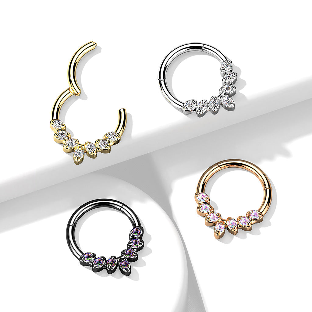 1pc Seven Gem Leaves Hinged Segment Ring 16g Septum Clicker 316L Surgical Steel
