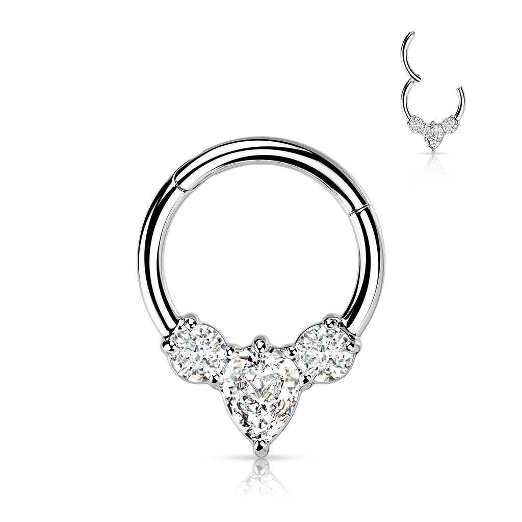 1pc Pear CZ Gem Hinged Segment Ring 16g Septum Clicker 316L Surgical Steel