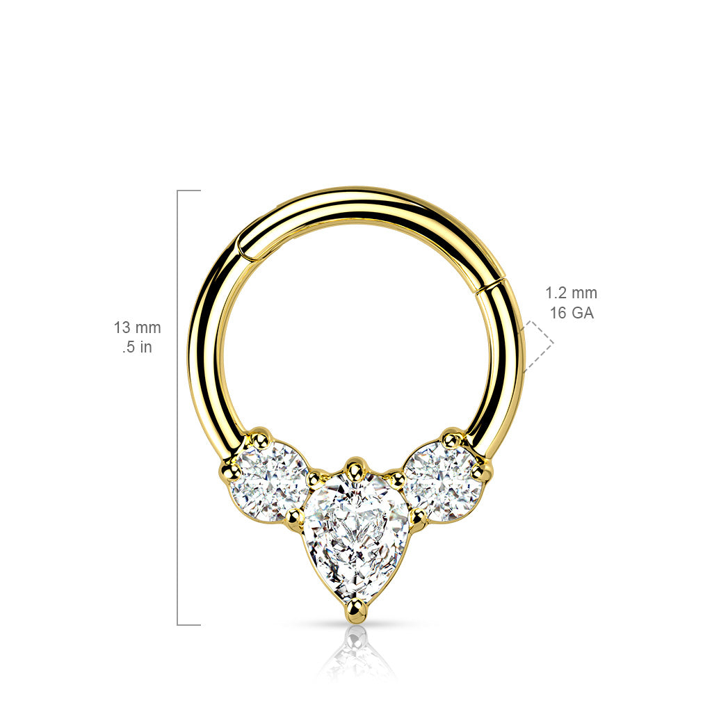 1pc Pear CZ Gem Hinged Segment Ring 16g Septum Clicker 316L Surgical Steel