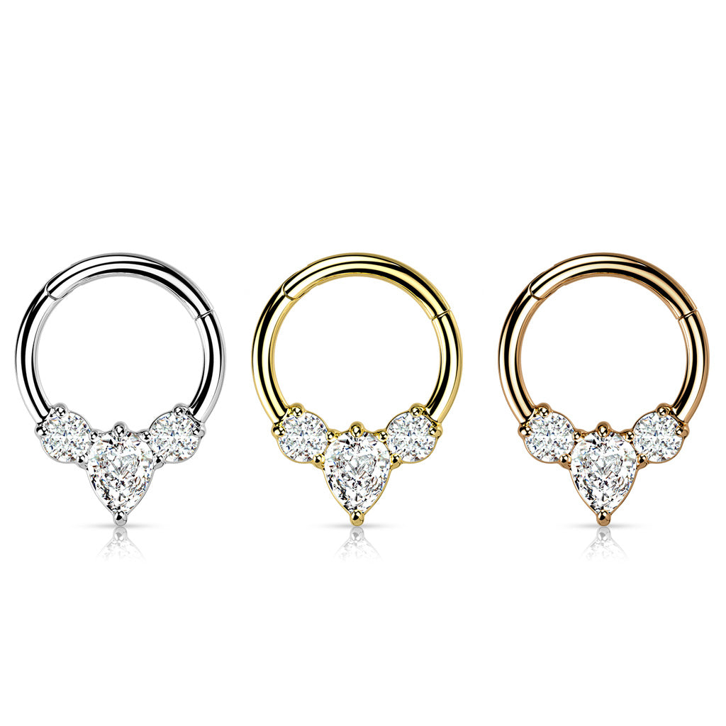 1pc Pear CZ Gem Hinged Segment Ring 16g Septum Clicker 316L Surgical Steel