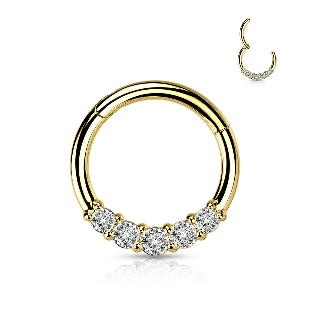 1pc Five CZ Gem Hinged Segment Ring 16g Septum Clicker 316L Surgical Steel