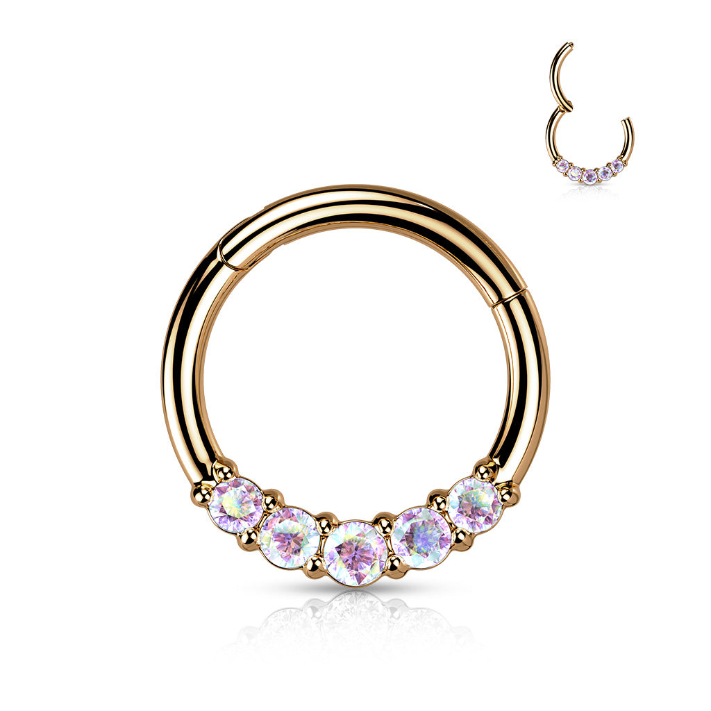 1pc Five CZ Gem Hinged Segment Ring 16g Septum Clicker 316L Surgical Steel