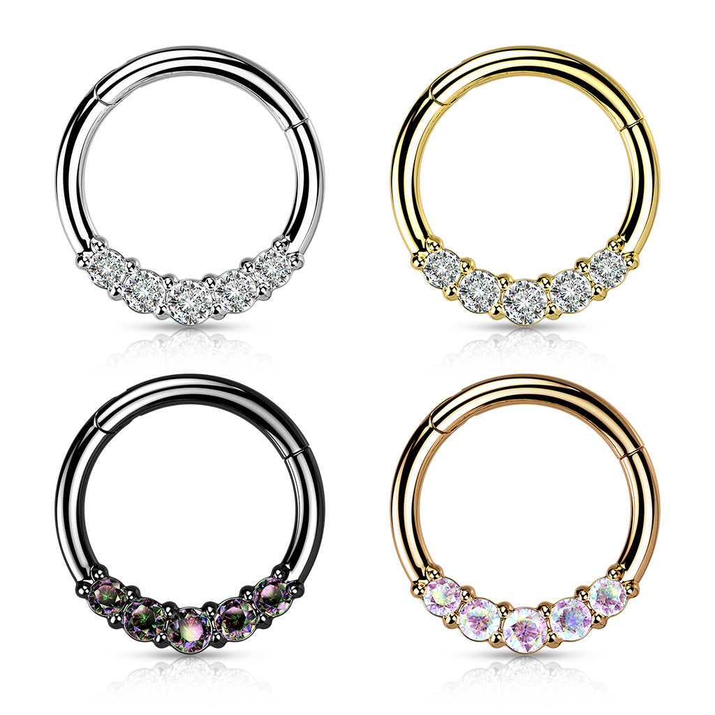1pc Five CZ Gem Hinged Segment Ring 16g Septum Clicker 316L Surgical Steel