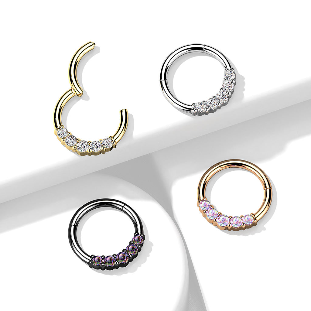1pc Five CZ Gem Hinged Segment Ring 16g Septum Clicker 316L Surgical Steel