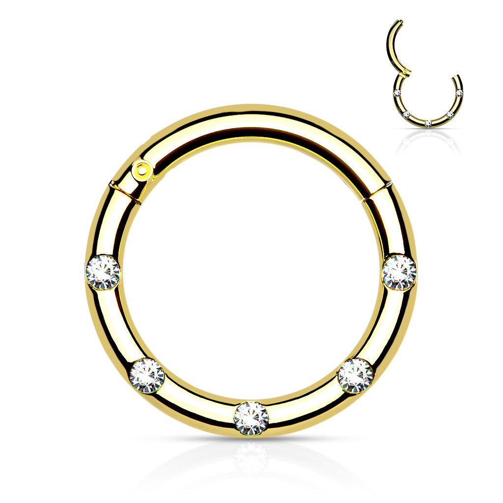 1pc Five Flush Gems Hinged Segment Ring 16g Septum Clicker 316L Surgical Steel