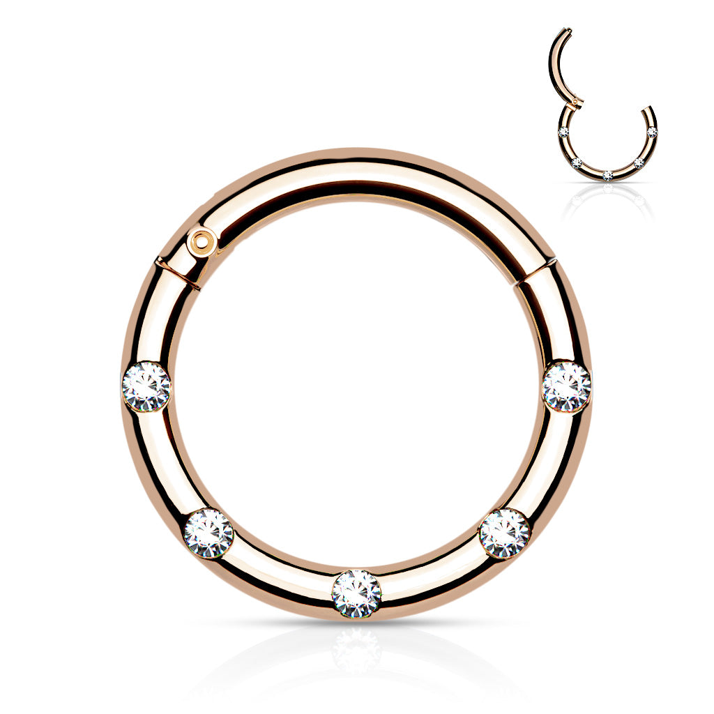 1pc Five Flush Gems Hinged Segment Ring 16g Septum Clicker 316L Surgical Steel