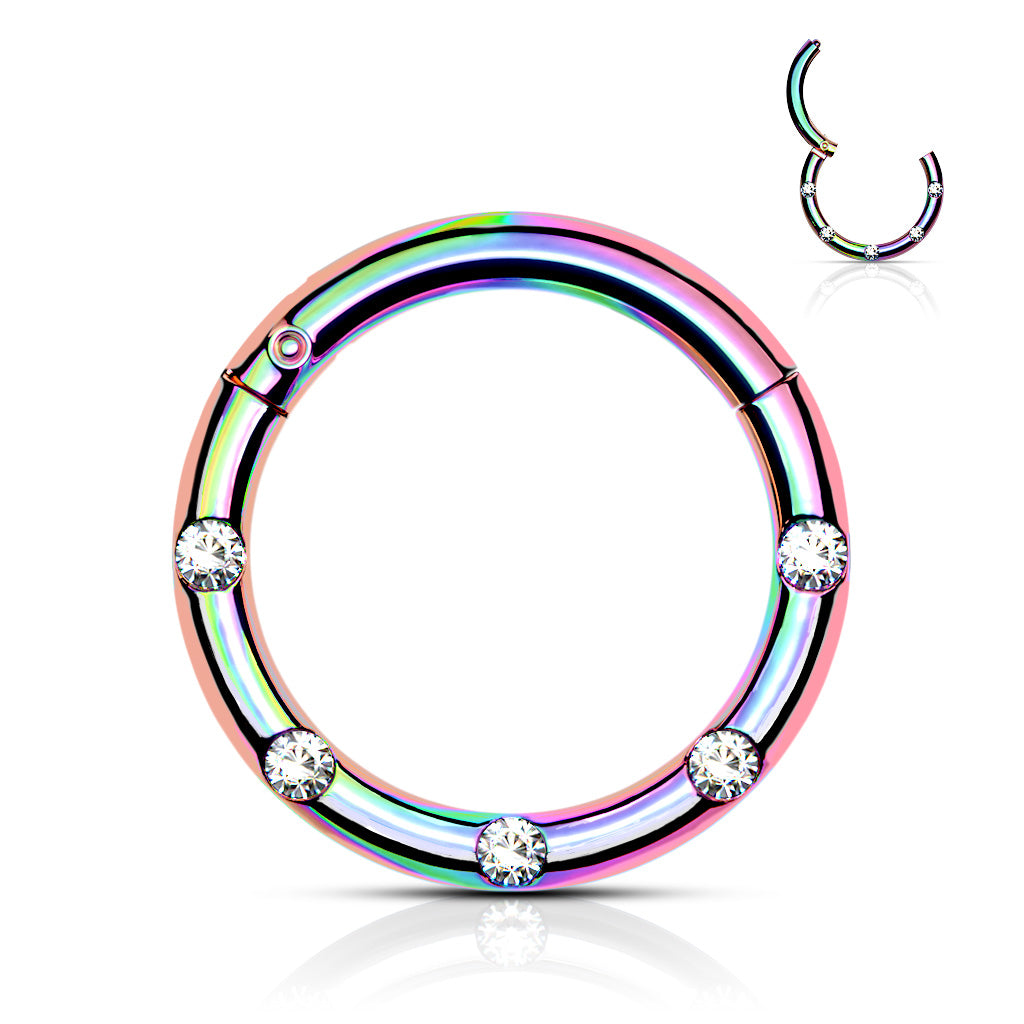 1pc Five Flush Gems Hinged Segment Ring 16g Septum Clicker 316L Surgical Steel