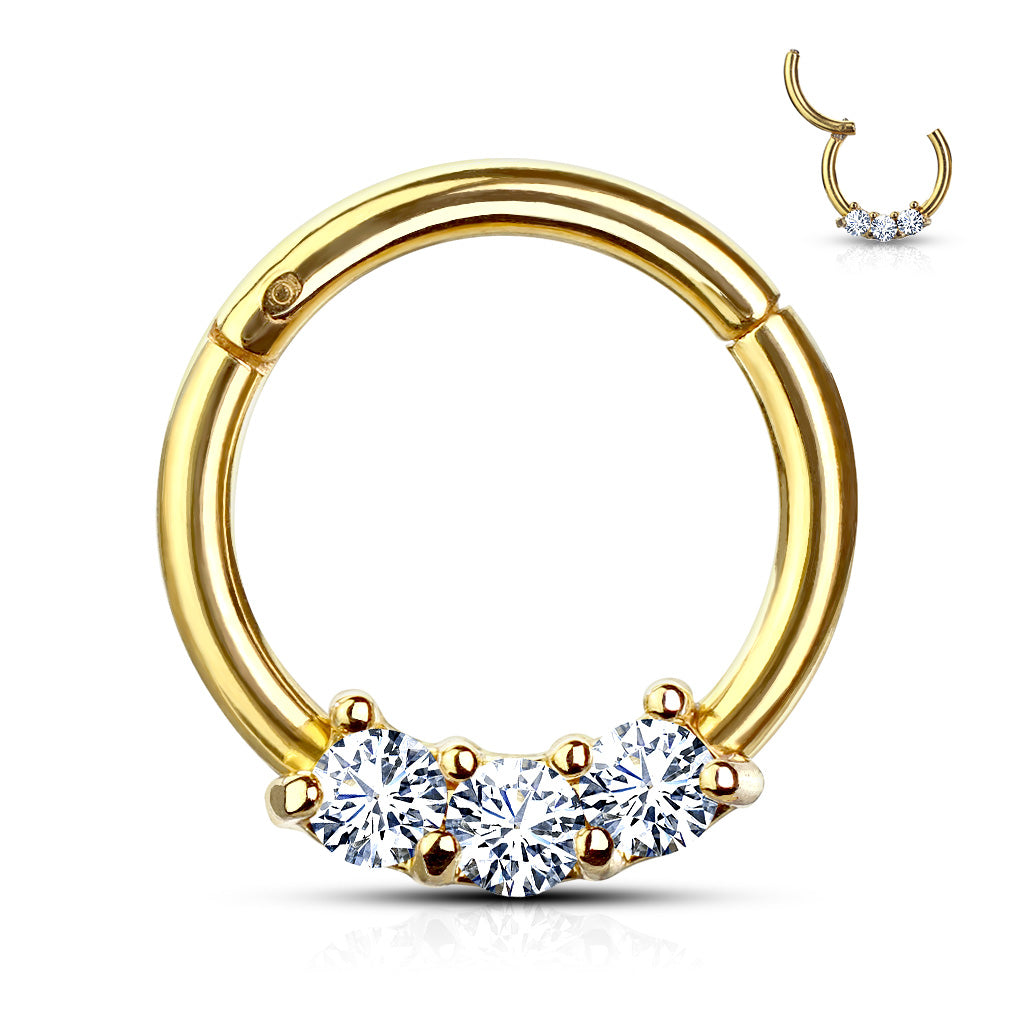 1pc Three CZ Gem Hinged Segment Ring Septum Clicker 316L Surgical Steel