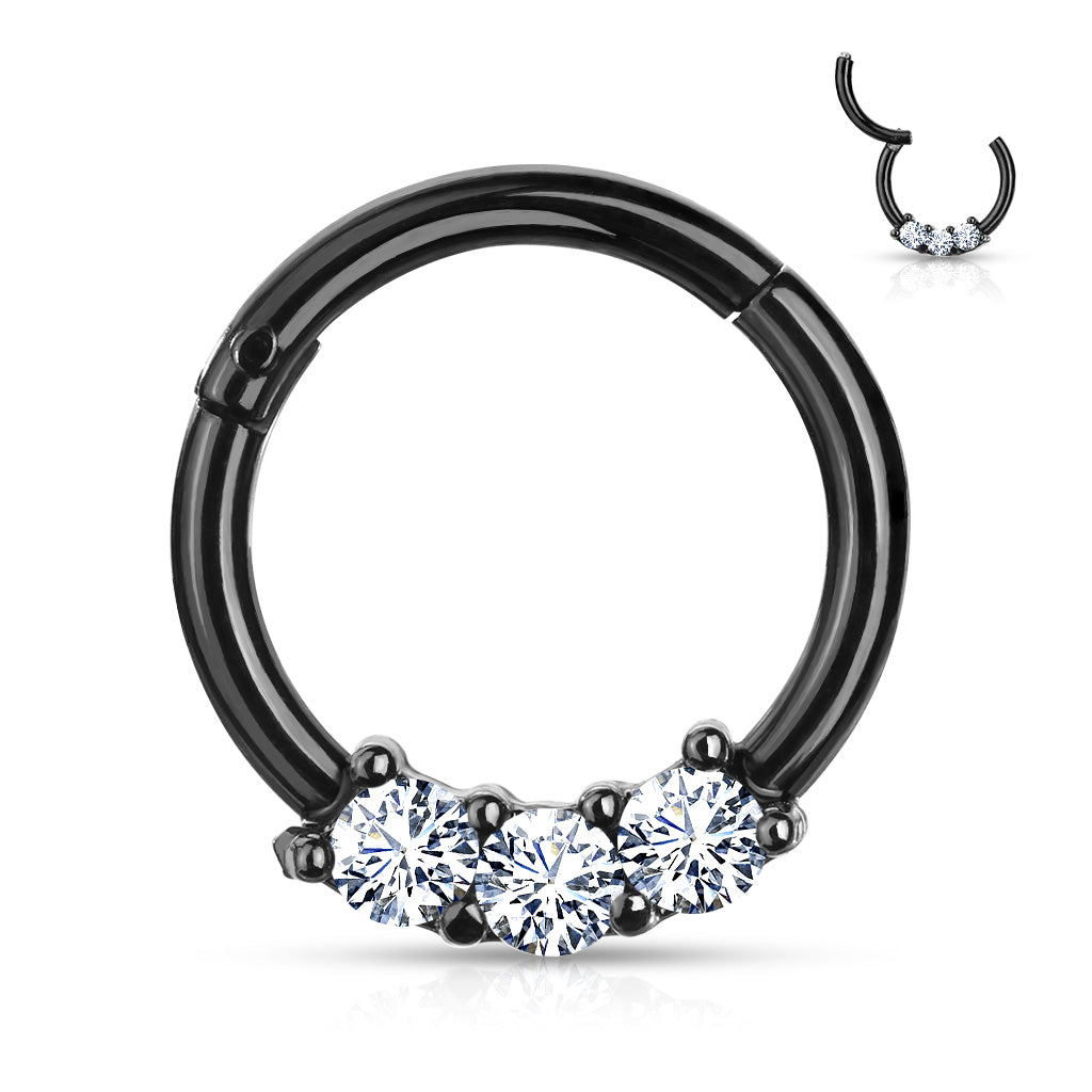 1pc Three CZ Gem Hinged Segment Ring Septum Clicker 316L Surgical Steel