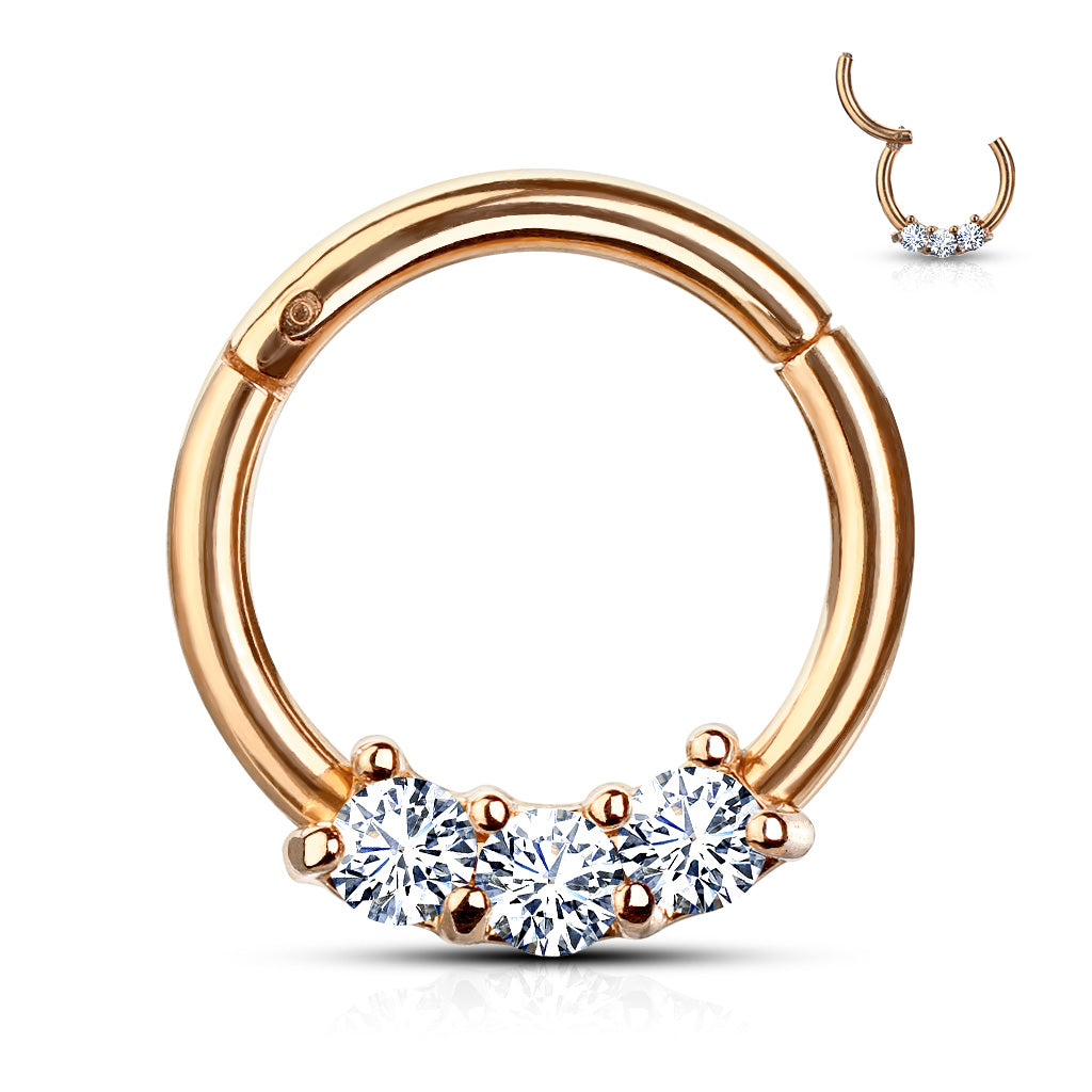 1pc Three CZ Gem Hinged Segment Ring Septum Clicker 316L Surgical Steel
