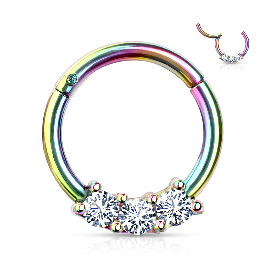 1pc Three CZ Gem Hinged Segment Ring Septum Clicker 316L Surgical Steel