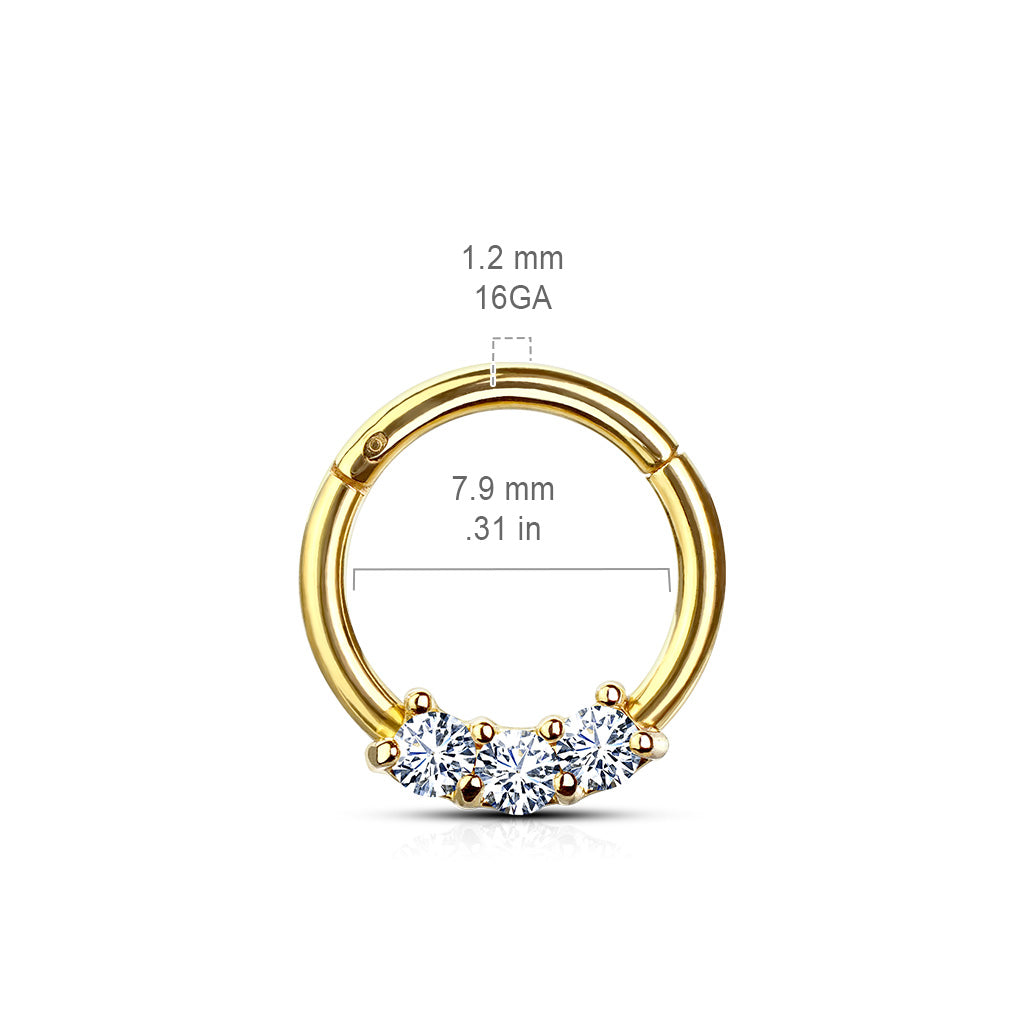 1pc Three CZ Gem Hinged Segment Ring Septum Clicker 316L Surgical Steel