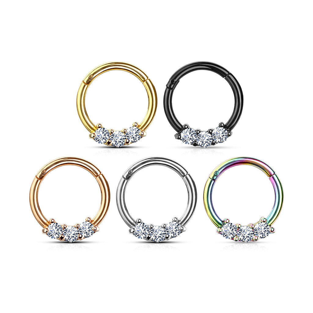 1pc Three CZ Gem Hinged Segment Ring Septum Clicker 316L Surgical Steel